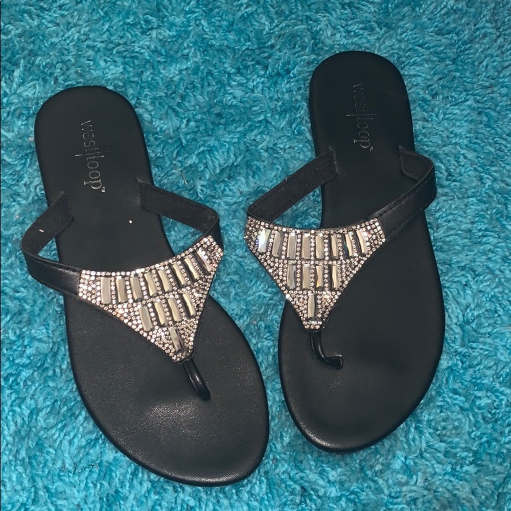 Black Silver Rhinestone Thong Flip Flop Sandals
